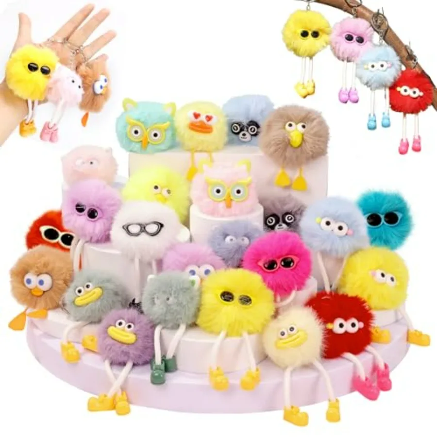 24 PCs Party Favors Keychains - Fuzzy Keychain Cute for Birthday Party Favors for 8-12 Goodie Bags Stuffers for End of Year Stu