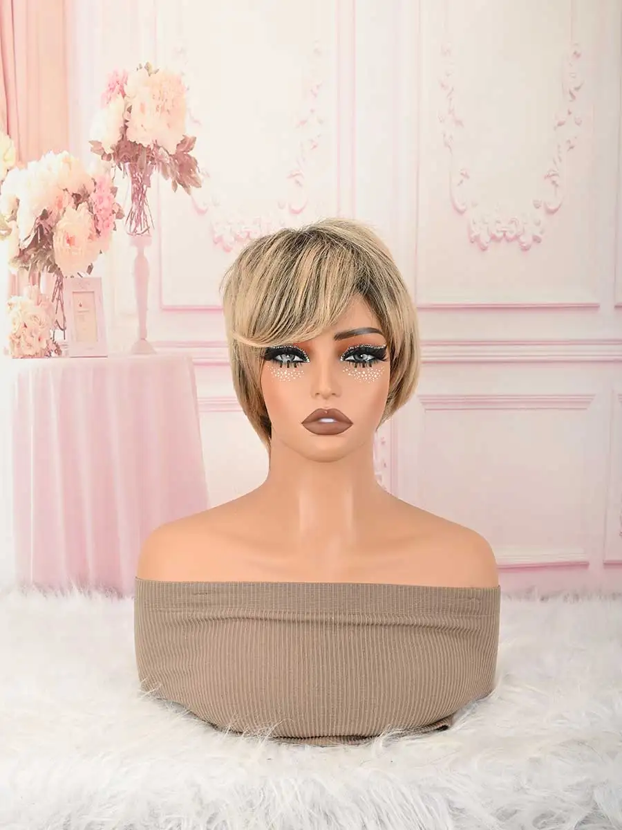 Brown Short for Women Layered Pixie Cut with Blonde Highlights Natural Looking Synthetic Wig Wit