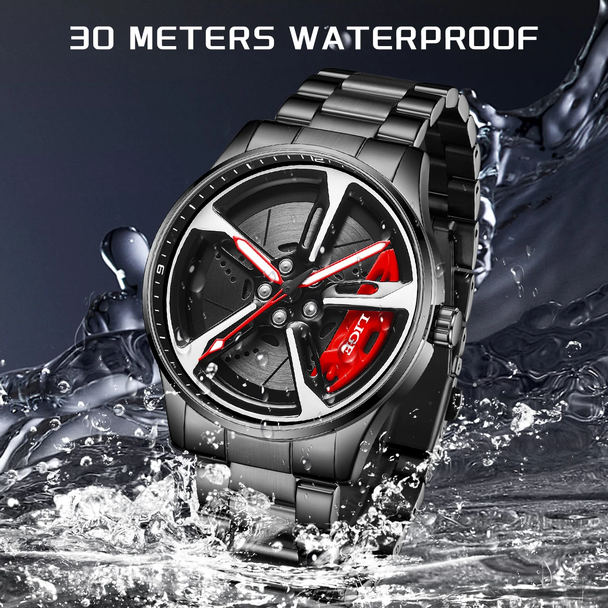 LIGE جديد مقاوم للماء ثلاثي الأبعاد 360 ° الدورية الهيكل العظمي عجلة الكوارتز رجل ووتش حافة السيارة الغزل الرجال الرياضة عارضة الساعات للرجال الساعات #4
