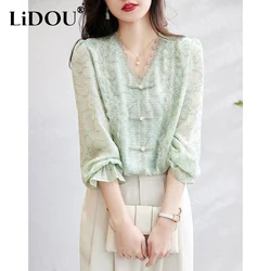 Spring Autumn New Solid Color V-neck Puff Sleeve Shirt Women Button Lace Patchwork Vintage Elegant Pullovers Ladies Loose Tops