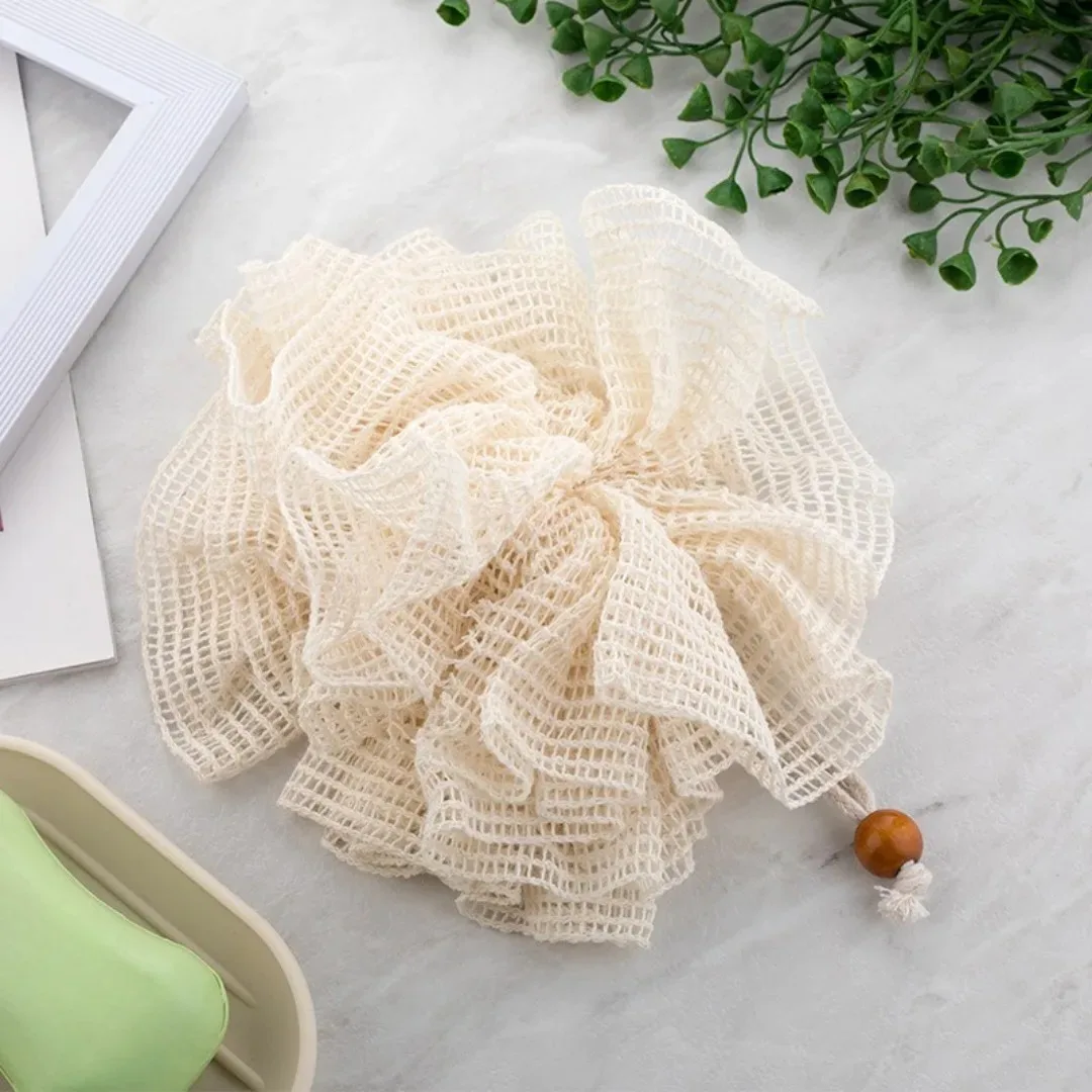 Natural Linen Texture Bath Loofah, Mesh Shower Bath Flower, Rich Foaming Body Scrubber Exfoliating Bath Ball with Wooden Bead Hanging Rope, Bathroom Cleansing Accessory