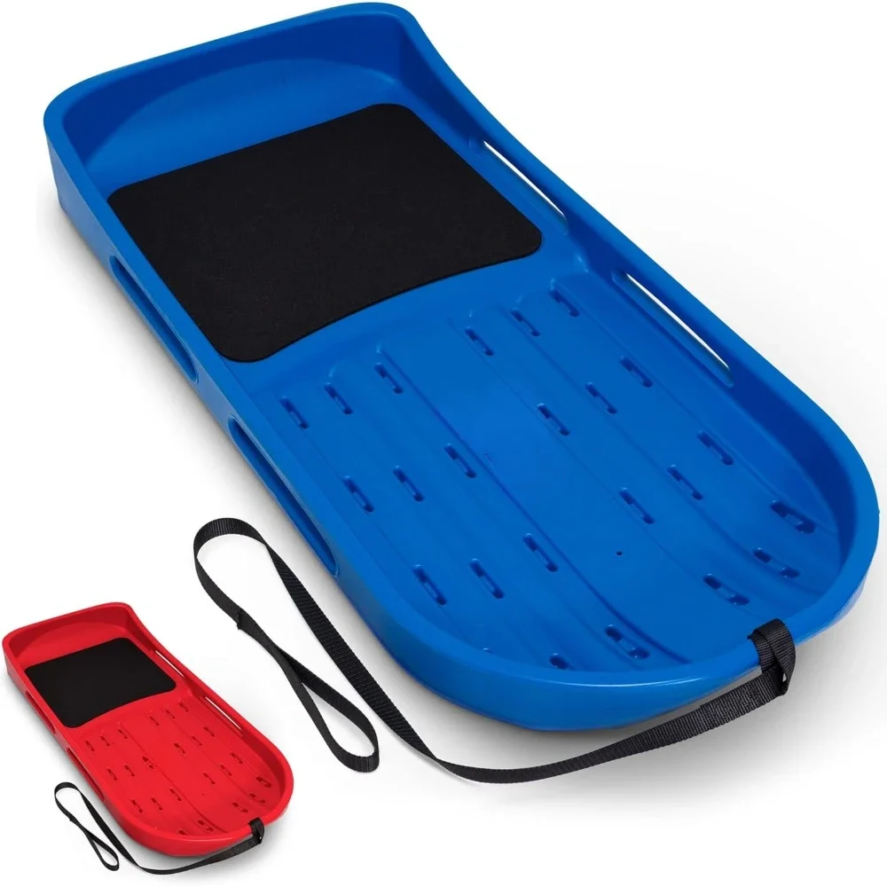 2 Person Premium Snow Sled with Double Walled Construction, Pull Strap and Padded Seat - Choose Between Red and Blue Snow Sled