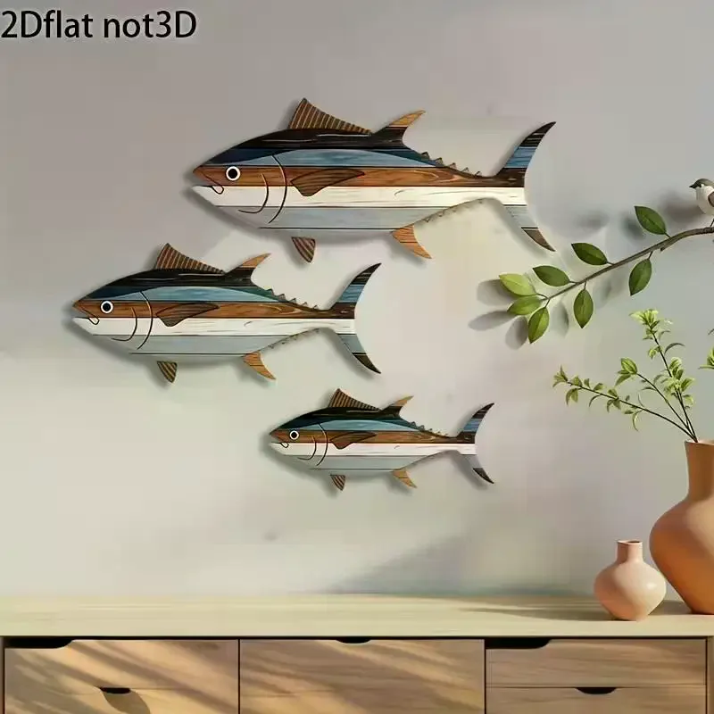 Decoración de pared de atún de madera de 3 piezas, reutilizable, adecuada para decoración del hogar, oficina y sala de estar.