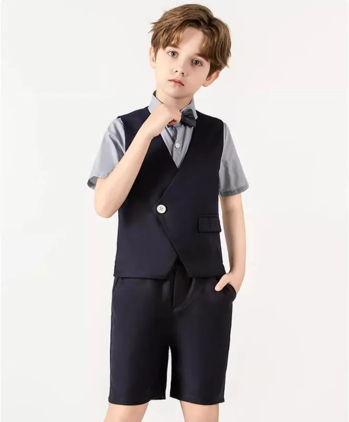 Chidlren 4Pieces Vest Shirt Shorts BowTie Host Suit Teenager Kids WaistCoat Birthday Dress Boys Photograph Festival Costume