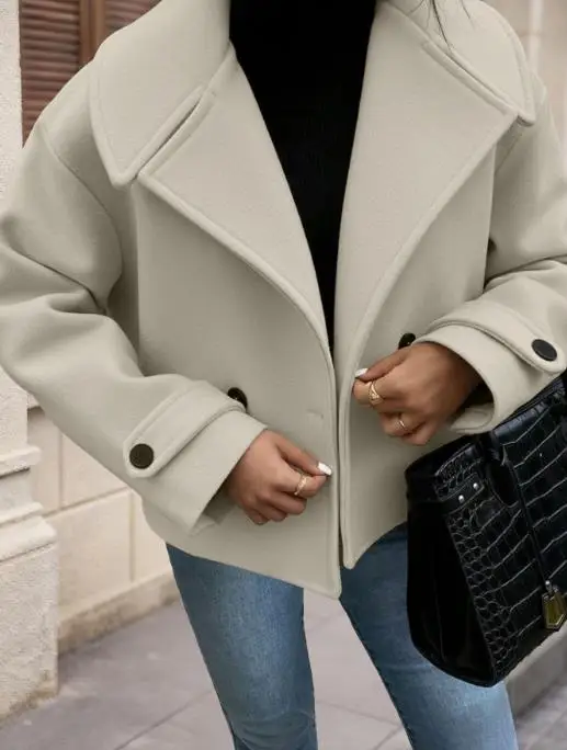 Nuevo abrigo corto con doble botonadura para mujer, diseño minimalista con cuello de gran tamaño para uso diario e informal, otoño e invierno