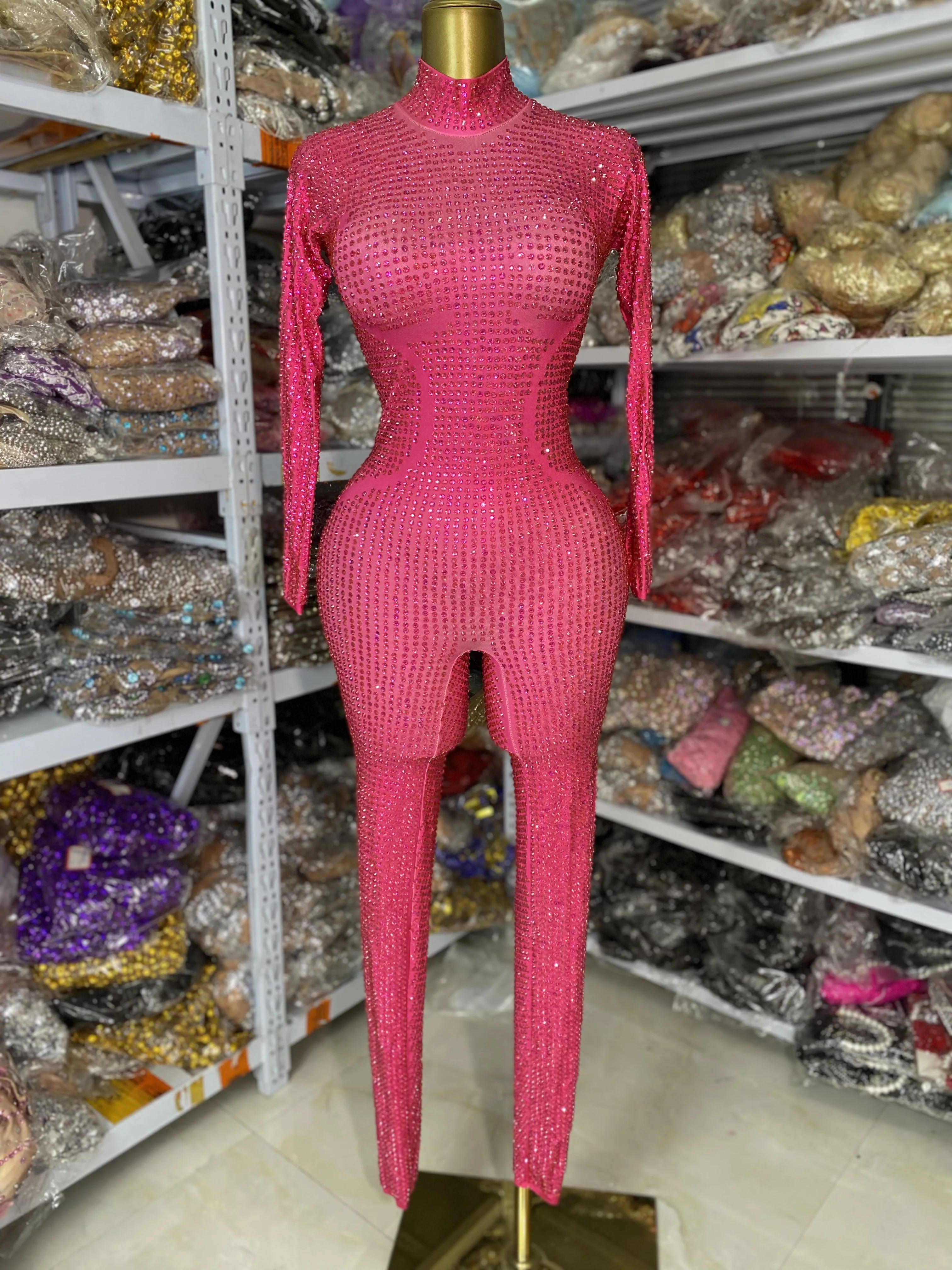 

Neon Rose Sparkly Full Rhinestones Spandex Jumpsuits Long Sleeve Bodycon Music Evening Party Dress Circus Stage Costumes