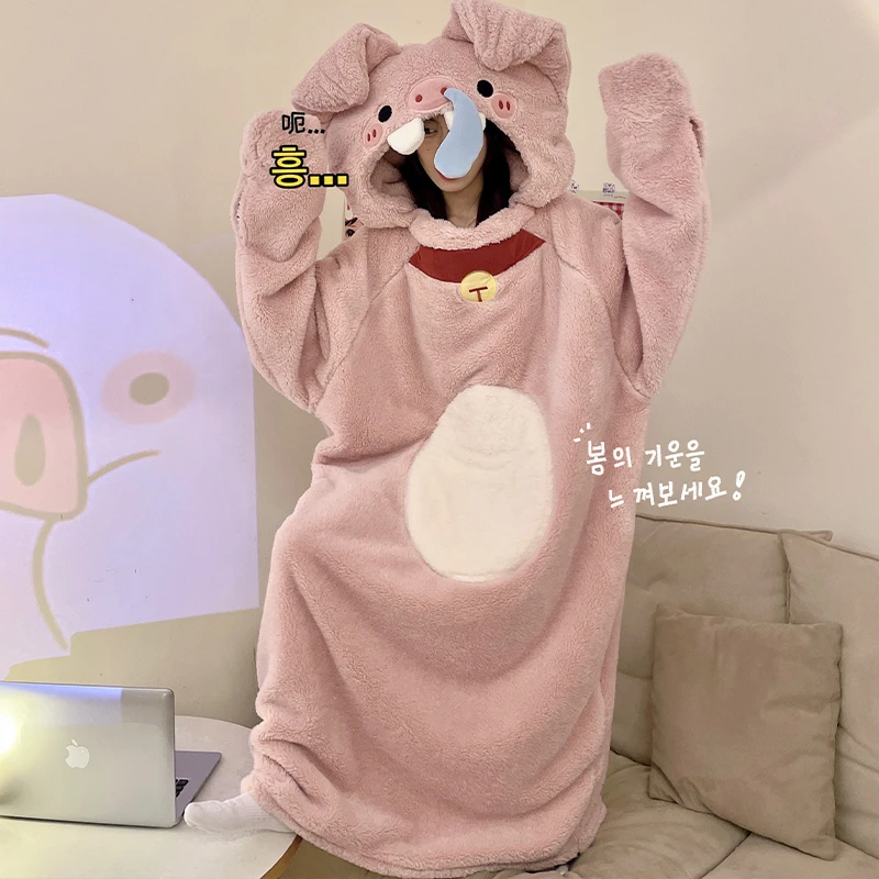 

Funny Winter Pajamas For Women Men Coral Velvet One-piece Sleeping Bags Night Dress Sleepwear Cartoon Pig Pajama Homewear