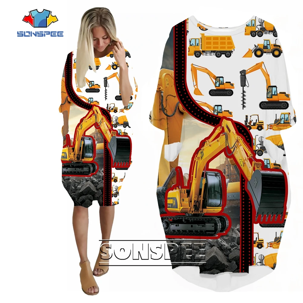 SONSPEE Construction Machinery 3D Printed Women's Long Sleeve Trucks Tractor Graphic Pocket Skirts Loose Dress Casual Robe Gown