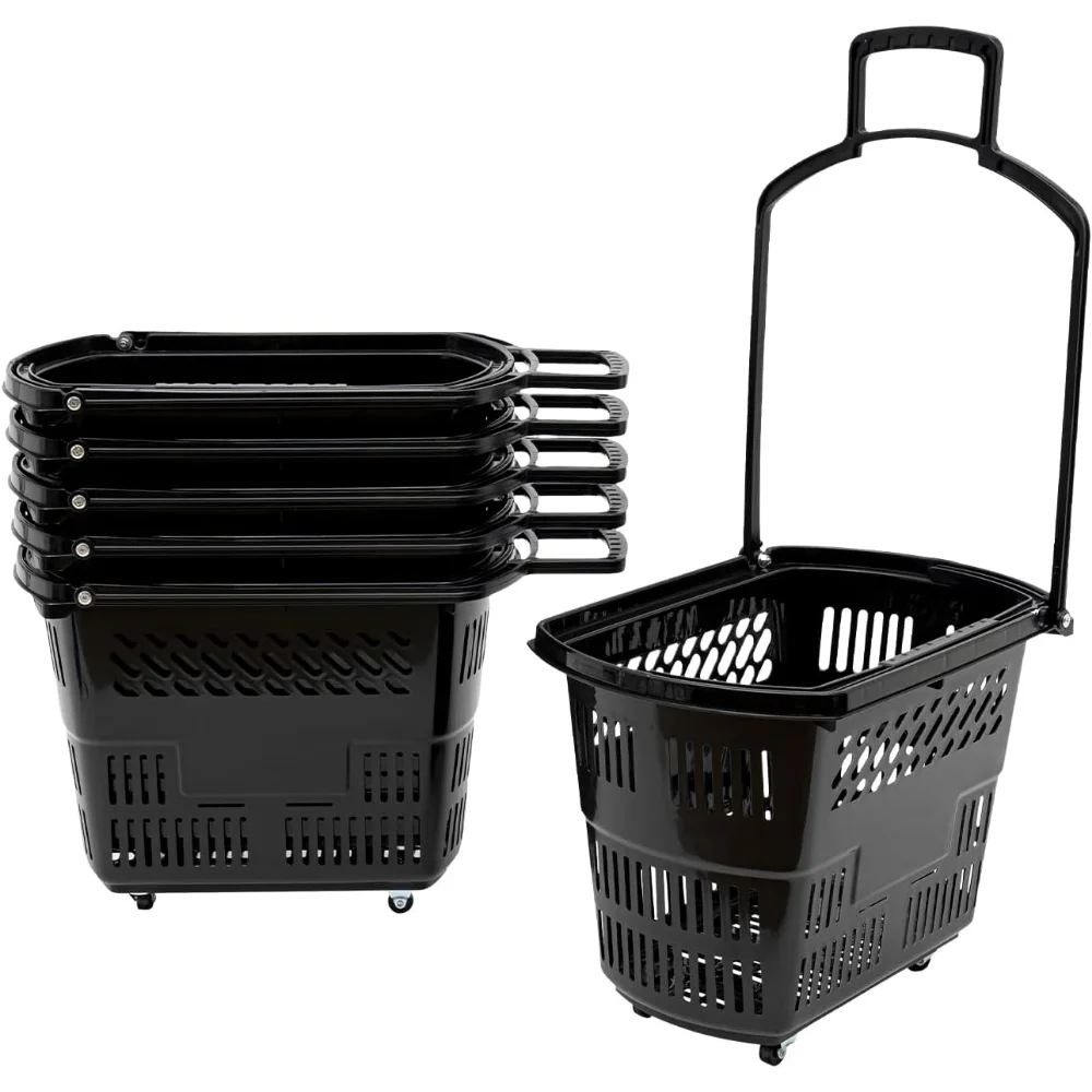 

6PCS Shopping Carts, 35L Black Shopping Basket, Reusable Plastic Rolling Shopping Basket with Wheels and Handle