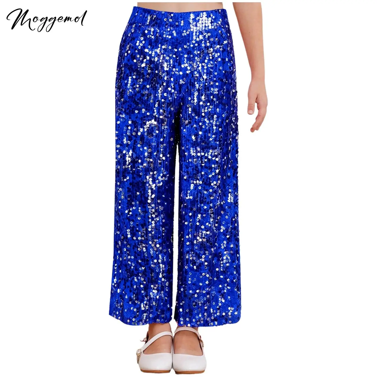 

Блестящие длинные брюки с блестками для девочек, эластичный пояс, свободные брюки с полной подкладкой, музыкальный фестиваль, дискотека, танцевальная одежда, сценическое выступление