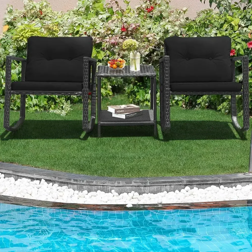 3-Piece Outdoor Patio Furniture Set: Rattan Rocking Chair, Glass Coffee Table with Cushions, Perfect for Bistro or Poolside, Bla