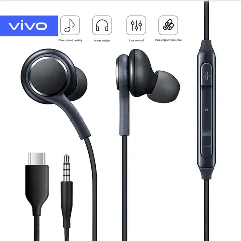 VIVO Type C Wired Earphone For Samsung S25 S24 S23 Ultra USB C Headphones A56 A55 A54 A34 Note 20 10 3.5mm Jack Earbud Headset