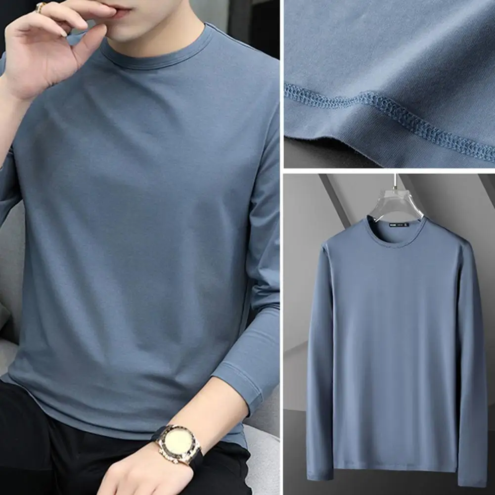 Men Base Layer Top Men's Slim Fit Long Sleeve Fitness Top For Spring Autumn Round Neck Stretchy Pullover Solid Color For Sport