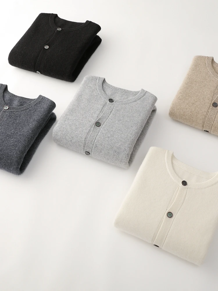 O-Neck Thick Buttoned Cardigan Men's Autumn Winter 100% Merino Wool Trendy Casual Long-Sleeve Sweater Soft Warm Cashmere Knitted