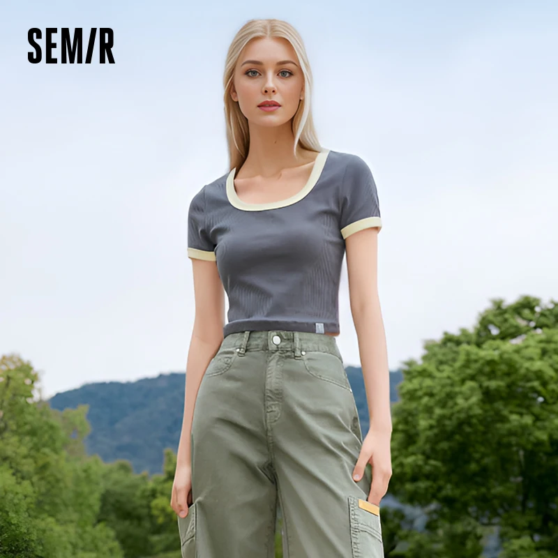 Semir T Shirt Women Short Sleeved Tee Short Front Shoulder Sexy Overlay 2024 Summer New Contrast Tight Tshirt Versatile Tee Wome