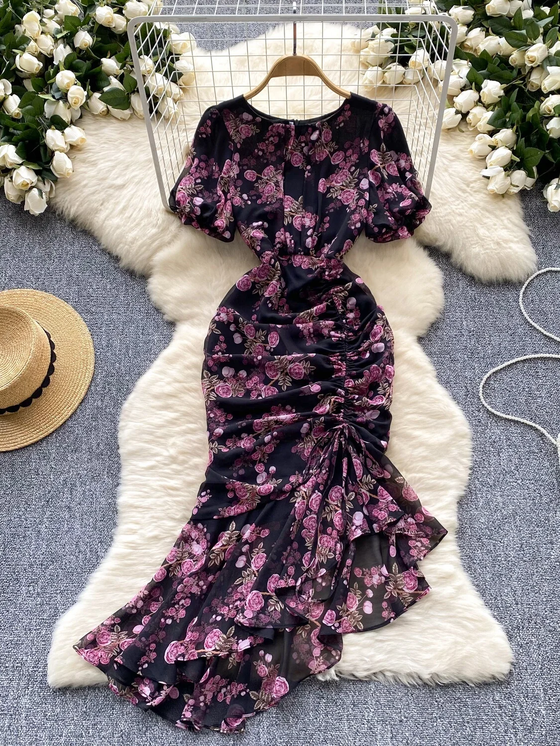 Romantic Floral Print Women's Dr Summer Bubble Sve Asymmetrical Design Luxury Fi Tail Long Gown High Waist A-Line Skirt