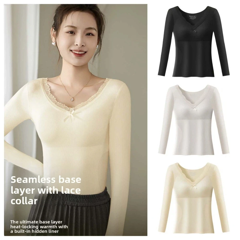 

with Chest Cushion Lace Women Wool Thermal Clothes V Neck Invisible Thermal Underwear Wool Fleece Lingerie Warmth Long Tops Lady