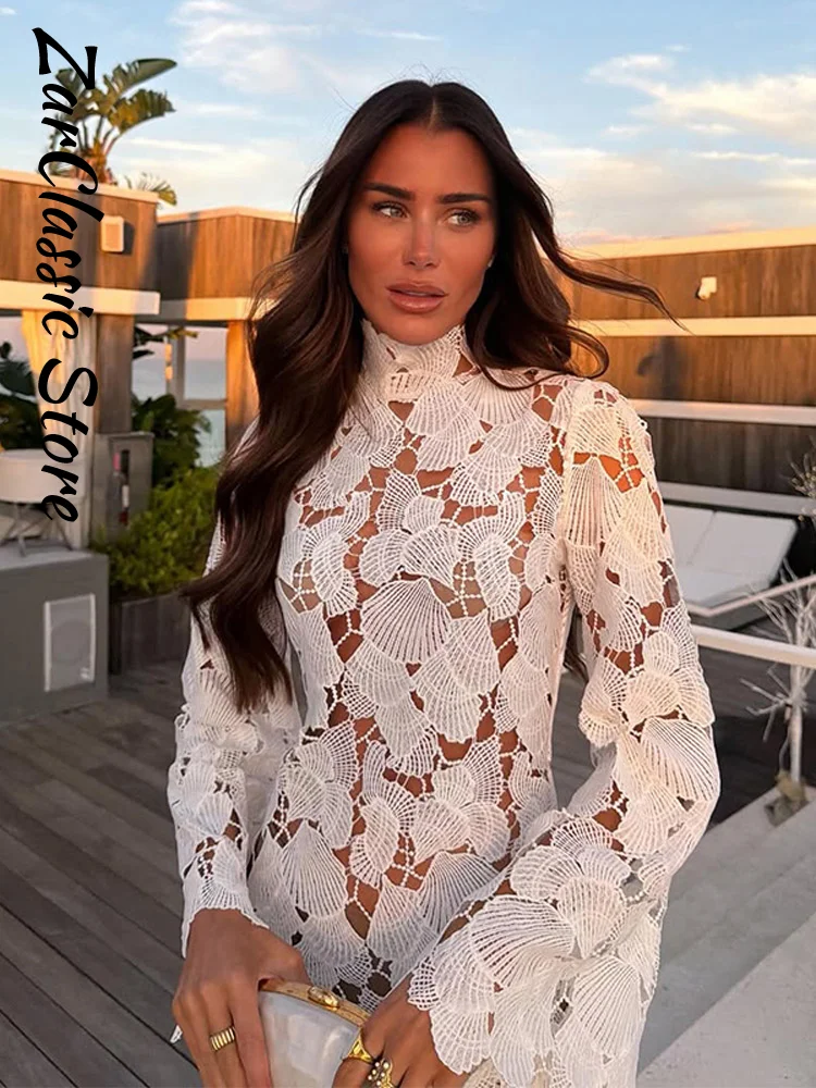 Summer Hollow Out Lace Mini Dress Women Solid Stand Neck Full Sleeve  Irregular Hem Gowns Lady New Fashion Party Beach Robe 2026 - AliExpress  200000345