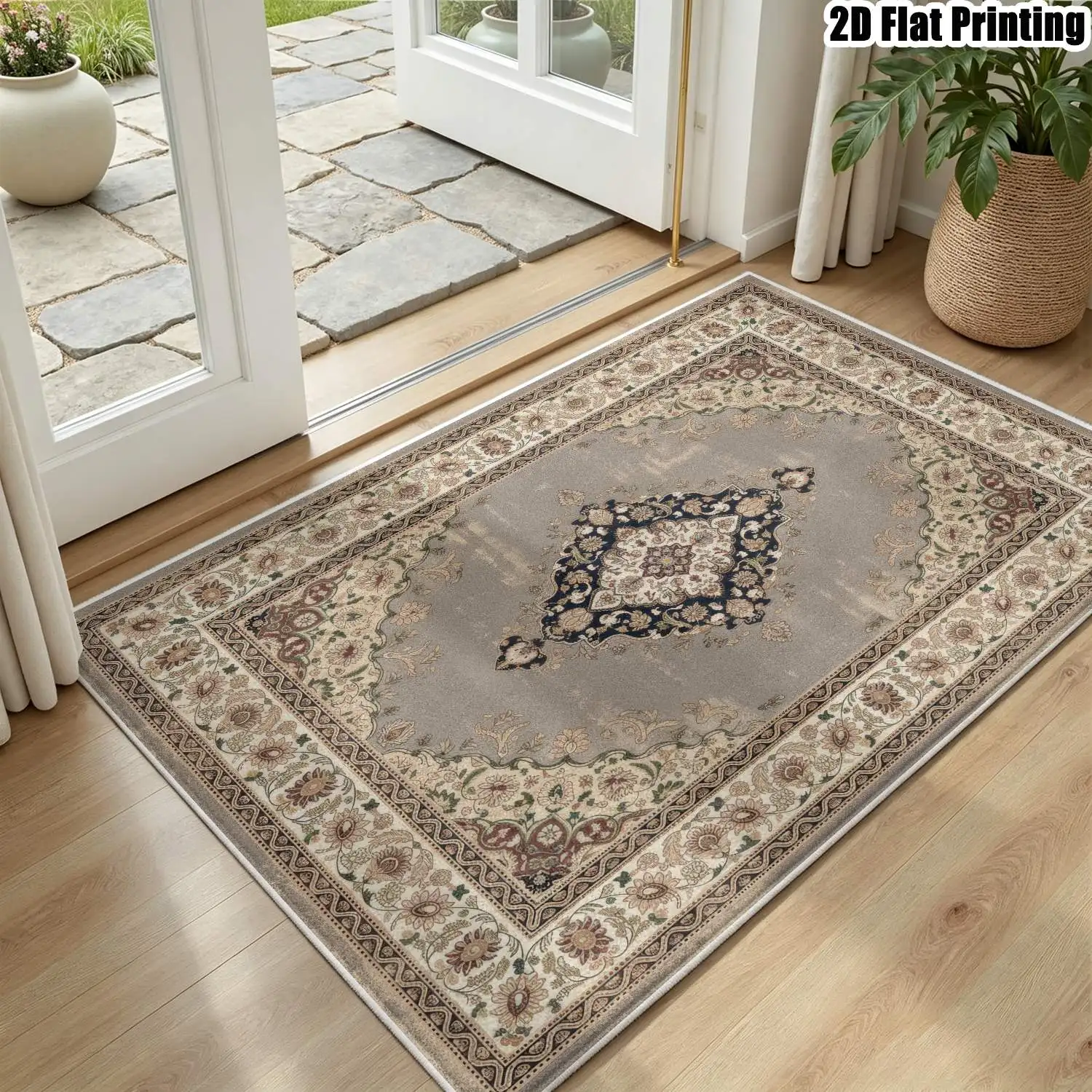 1Pc 2D Printed Velvet Carpet, Gray-Blue Retro Floral, European Style, Machine Washable, Multi-Size, Multi-Scene Use