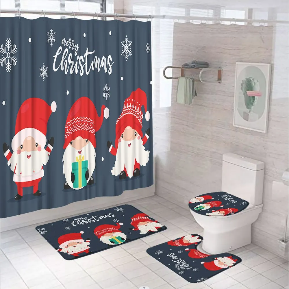 

Cartoon Santa Claus Gnomes Shower Curtain Set Non Slip Rug Toilet Lid Cover Xmas Decor Christmas Winter Fabric Bathroom Curtains