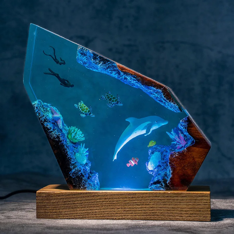 Seabed Exploration Organism Resin Table Light Creactive Art Decoration Lamp Diving Dolphin Theme Night Light  USB Charge