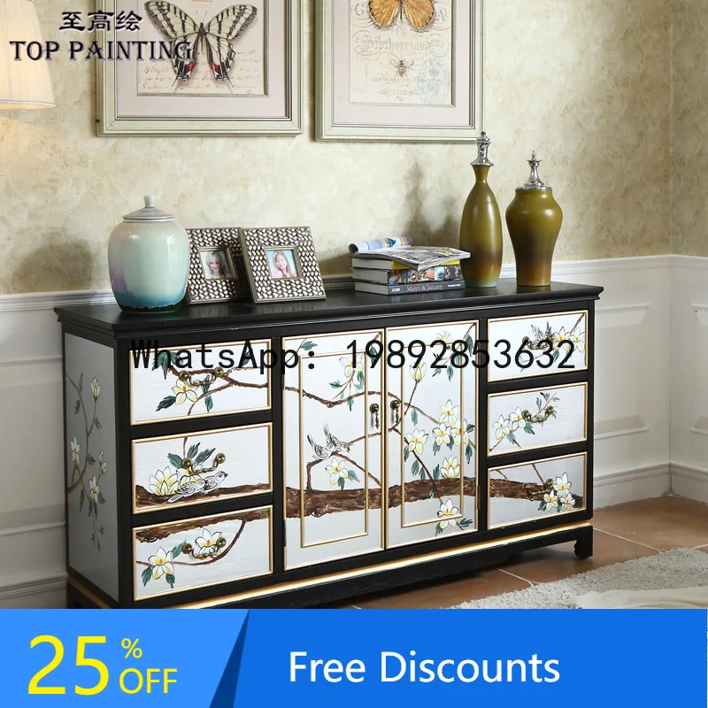 

CZ New Chinese Style Entrance Cabinet Solid Wood Painted Sideboard Cabinet with Six Drawers and Two Doors Partition Cabinet