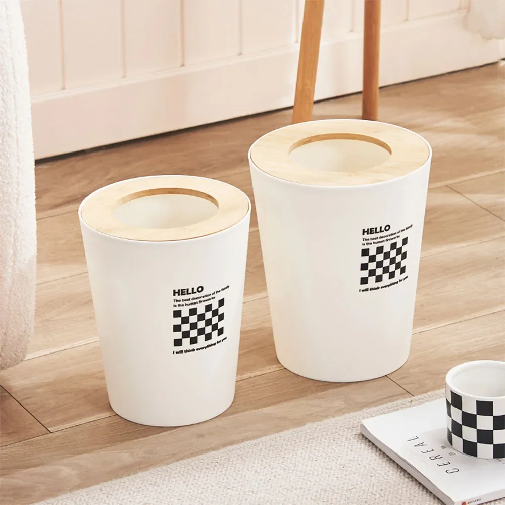 

Round Trash Can with Bamboo Lid, Modern Aesthetic Waste Basket, Open Top Trash Bin, White Garbage Can for Bedroom Bathroom