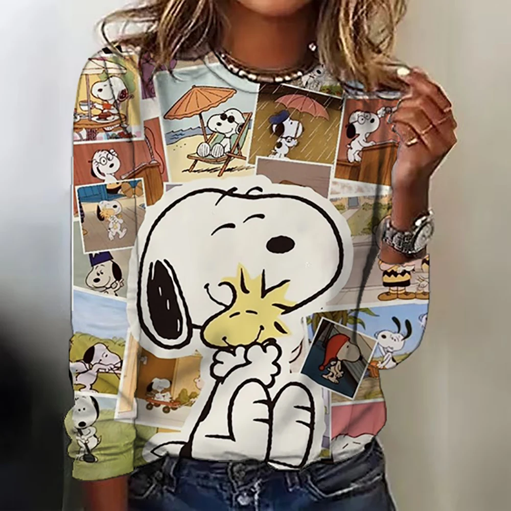 Snoopy Print Crew Neck T-Shirt, Casual Long Sleeve Top For Spring & Fall, Women's Clothing