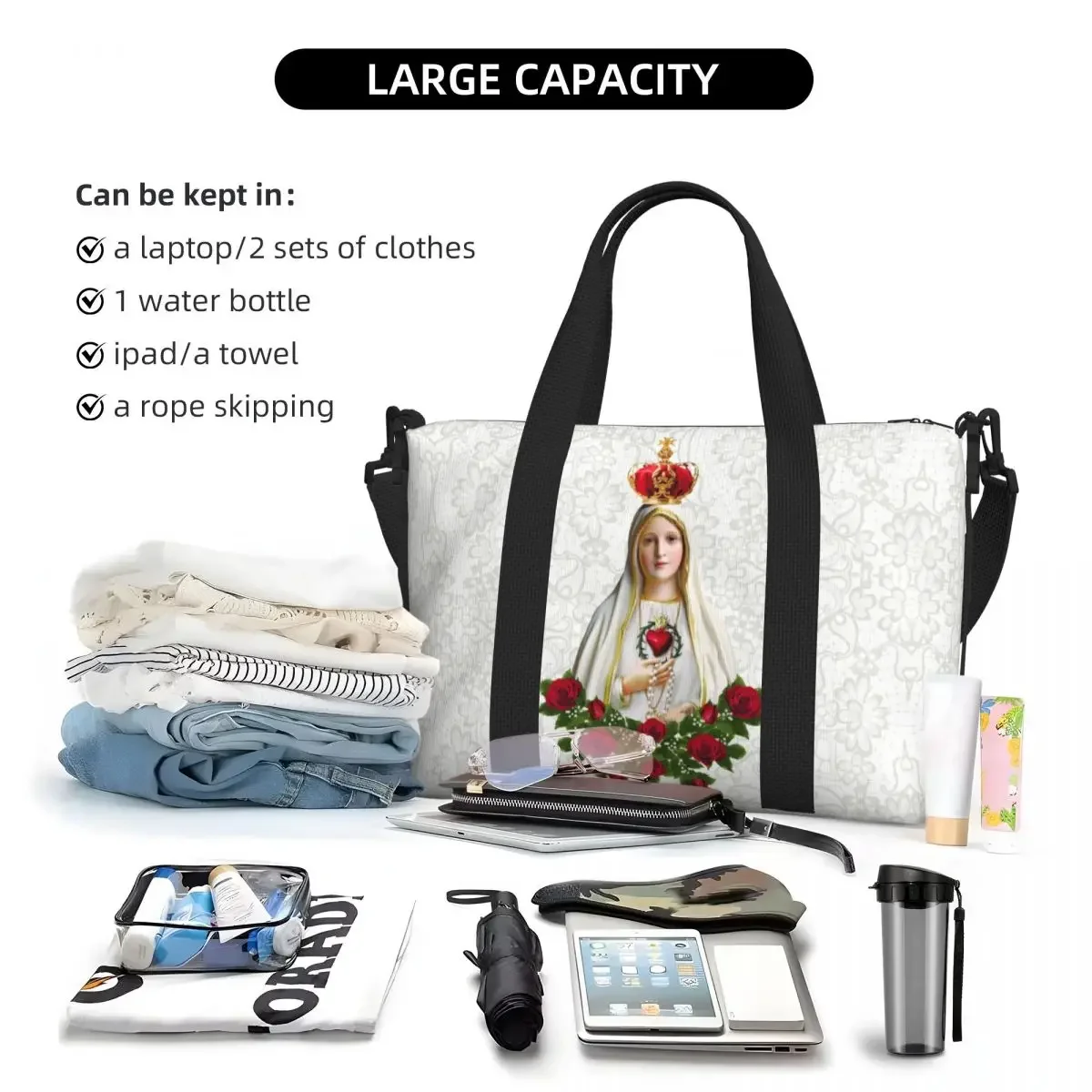 مخصص سيدة فاطمة مريم العذراء حقيبة حمل على الشاطئ حقيبة المرأة اضافية الصالة الرياضية تحمل على البرتغال الوردية الكاثوليكية حقائب تسوق السفر