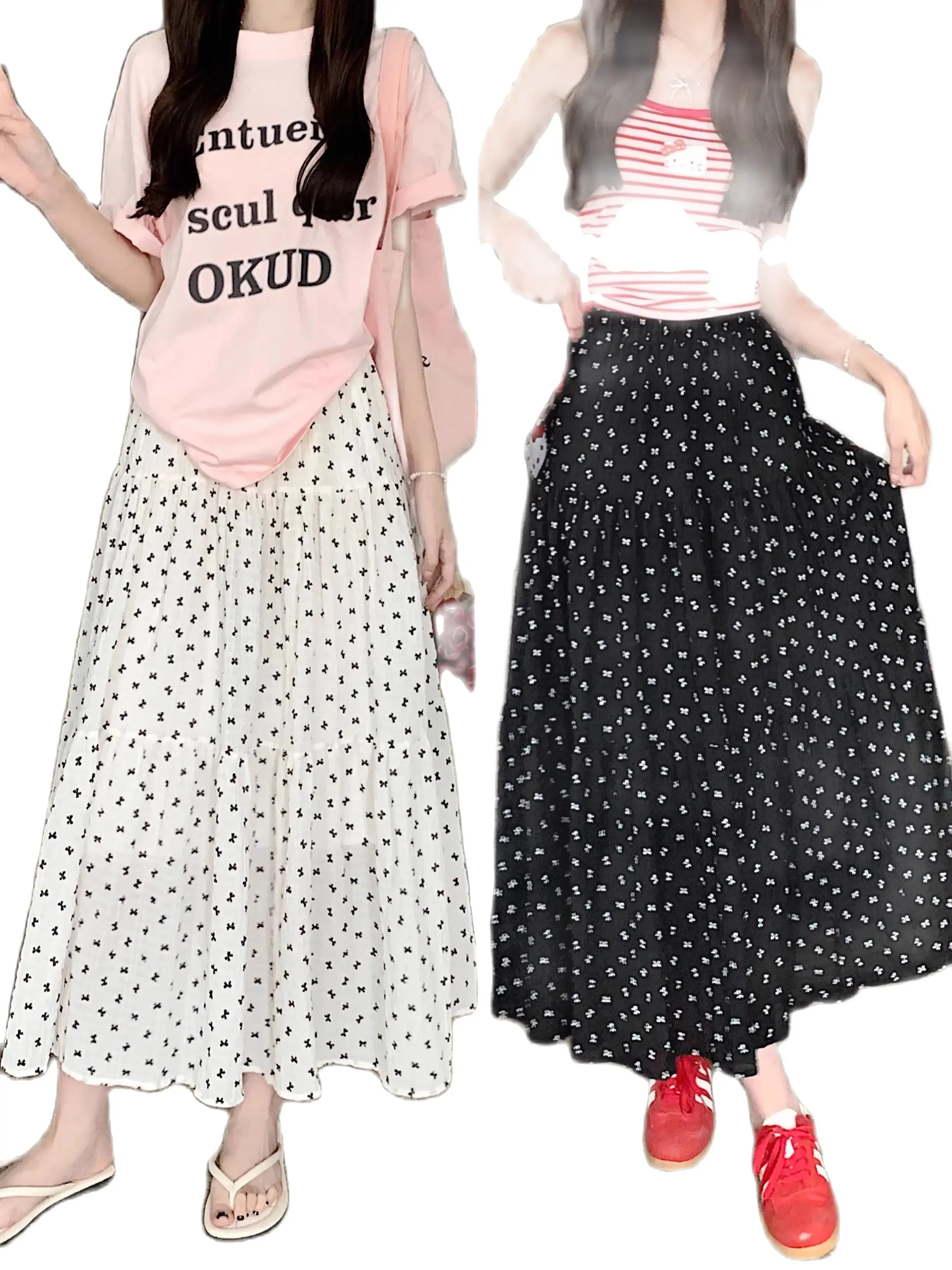 

Bow Printed Cake Skirt Women's High Waist Slim Large Swing Umbrella Skirt Loose A-line Long Skirt Y2k Skirt Girls 2024 Summer