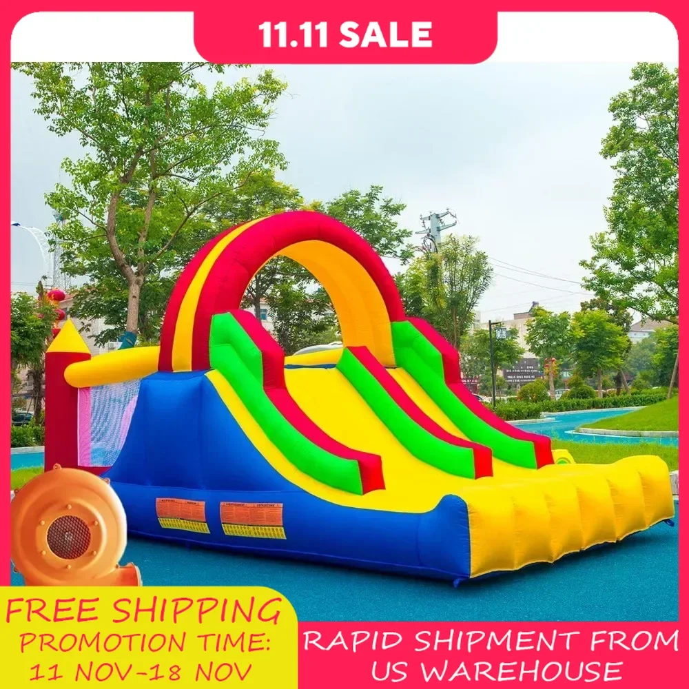 Kids Inflatable Trampoline Rainbow Jumping Castle with 2 Racing Slides & Large Climbing Wall, 16x7.2FT Inflatable Bounce House