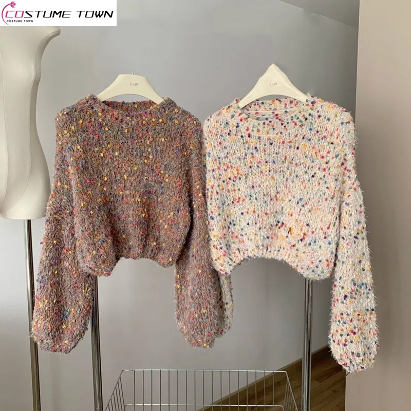 

2024 Korean Edition New Colorful Dot Short Sweater Women's Autumn/Winter Lazy Wind Rainbow Sugar Knitted Sweater