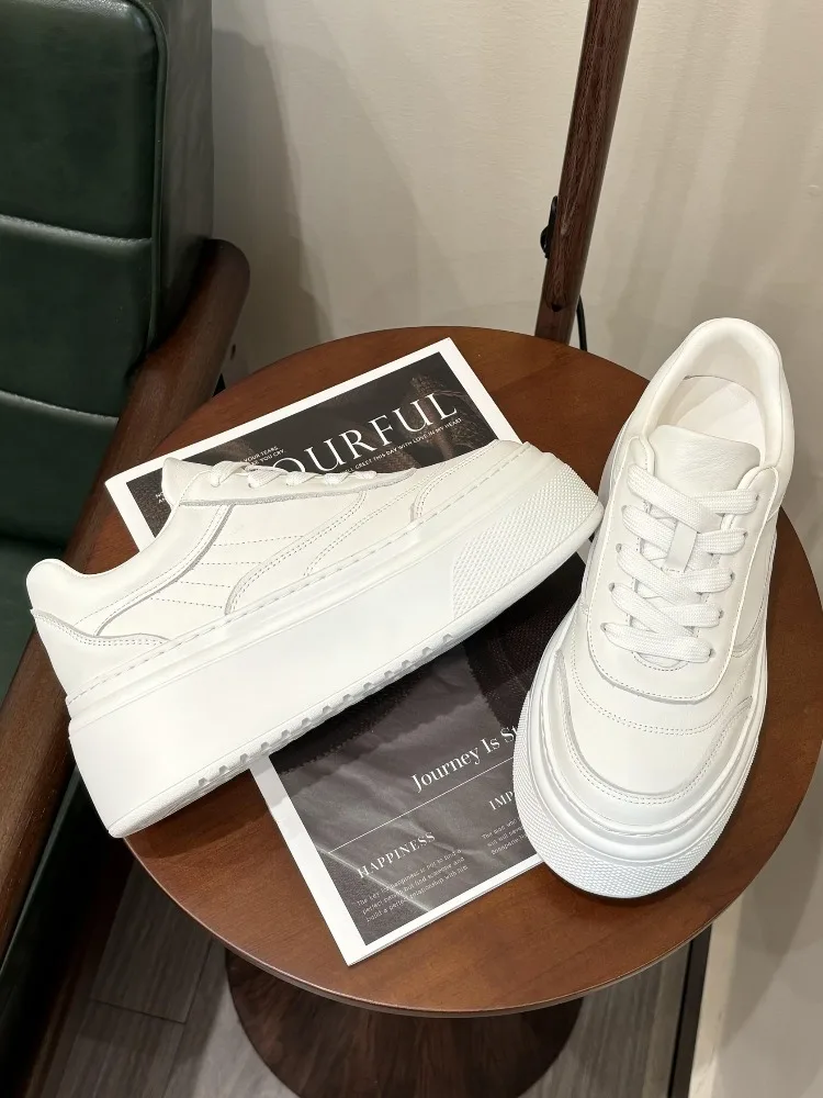 New Style Thick-sole Platform White Shoes Women Fashion Height-increasing Lace-up Genuine Leather Sports Casual Skate Shoes