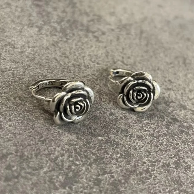 

PONYKISS 925 Sterling Silver 3D Rose Flower Stud Earring for Women Vintage Plant Fine Jewelry Minimalist Personality Accessories