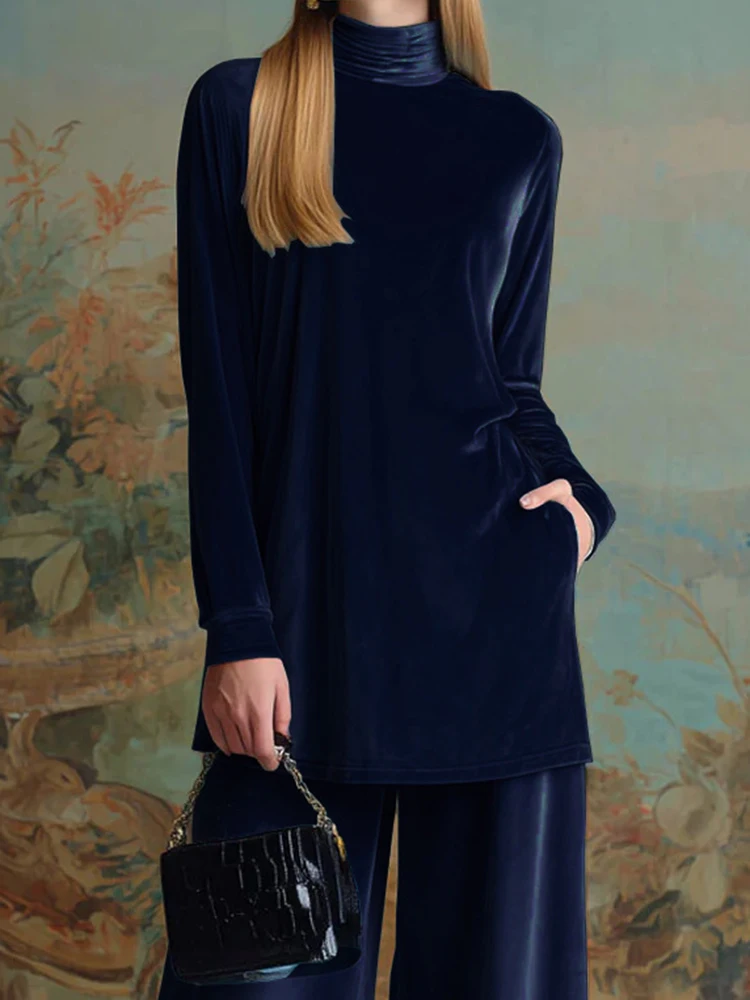 ชุดลำลองผ้ากำมะหยี่เนื้อนุ่ม สไตล์เรียบหรู คอทรงโอ แขนยาว เสื้อพูลโอเวอร์และกางเกงมีกระเป๋า ชุดเซ็ตสองชิ้นสำหรับผู้หญิง สีพื้น รุ่นใหม่ประจำฤดูใบไม้ร่วง