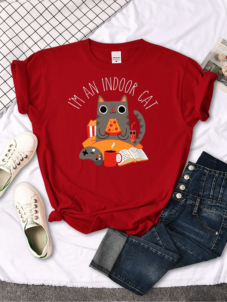 Cat Sitting And Eating Pizza Print T Shirt For Women Home Summer Tshirt Regular Sleeve Top Short Sleeve S-XXXL Famale T Shirts