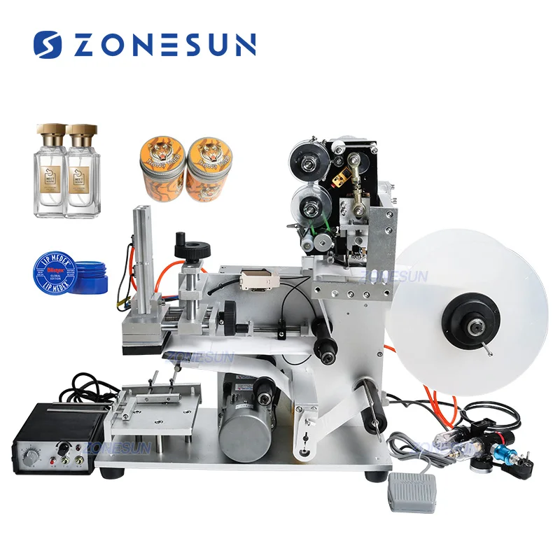 

ZONESUN Semi Automatic Digital Adhesive Paper Sticker Vial Can Flat Plastic Round Bottle Labeling Machine Label Printing Machine