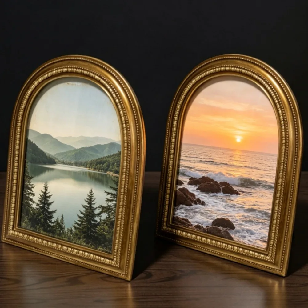 1Pcs Retro Gold Resin Picture Frame Arched Design Furnishing Decor Festival Elegant European Decorative Art And Craft Piece