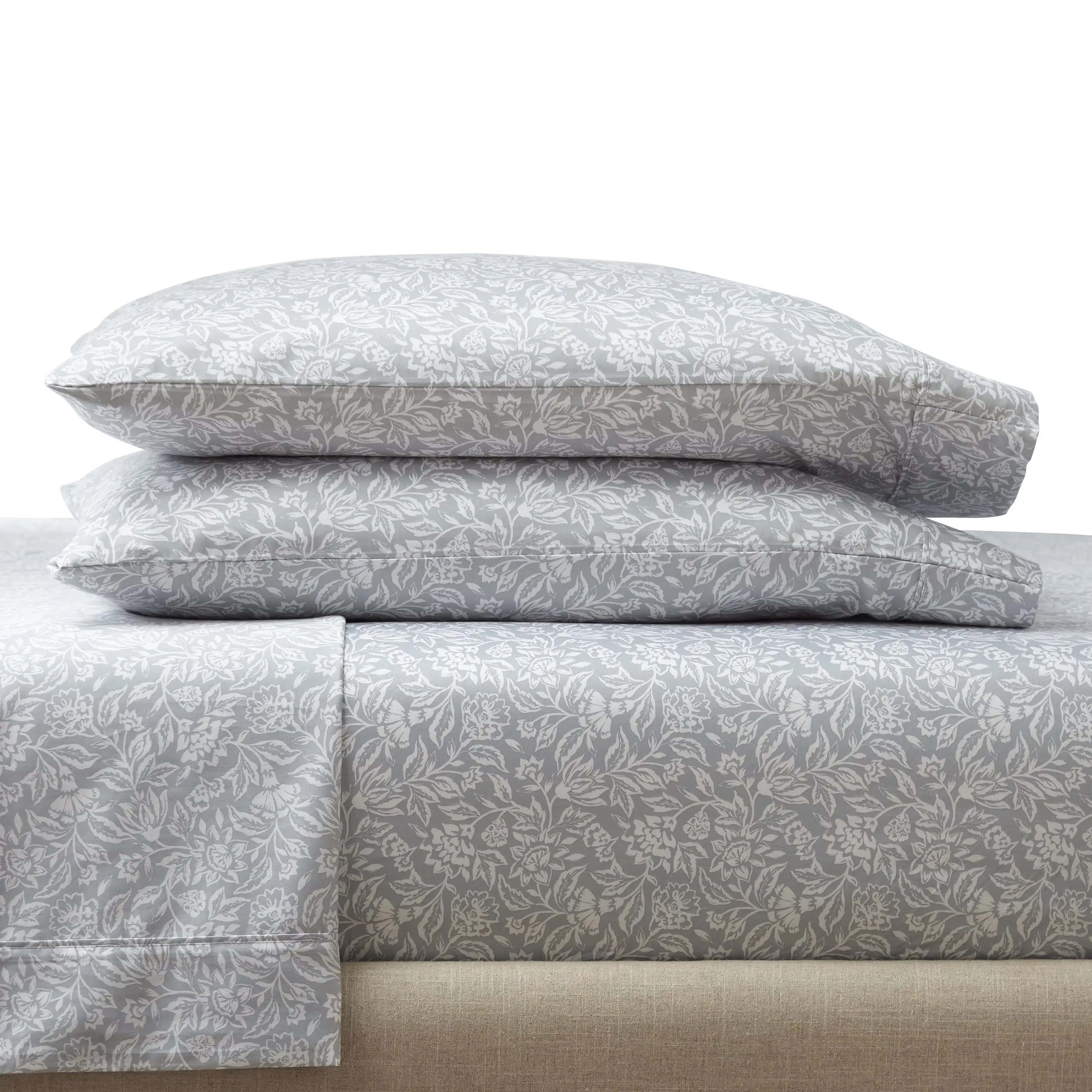 

4-Piece 300 Thread Count Floral Soft Silver Cotton Sateen Bed Sheet Set, Full