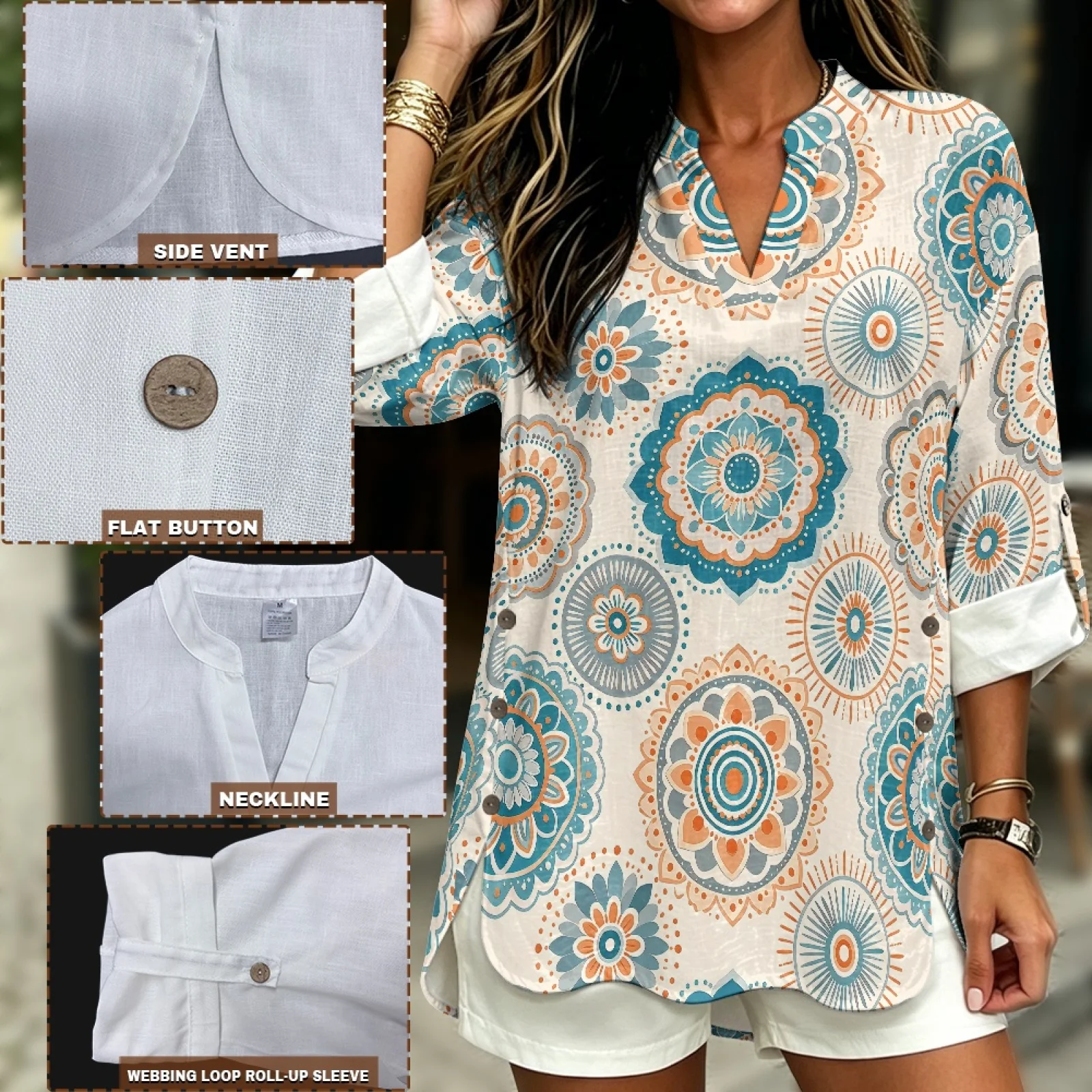 PENSTROLL Mandala Print Pullover Casual Blouses for Resort Linen Like Long Sleeve V Neck Shirts Sizes S-5XL view 5