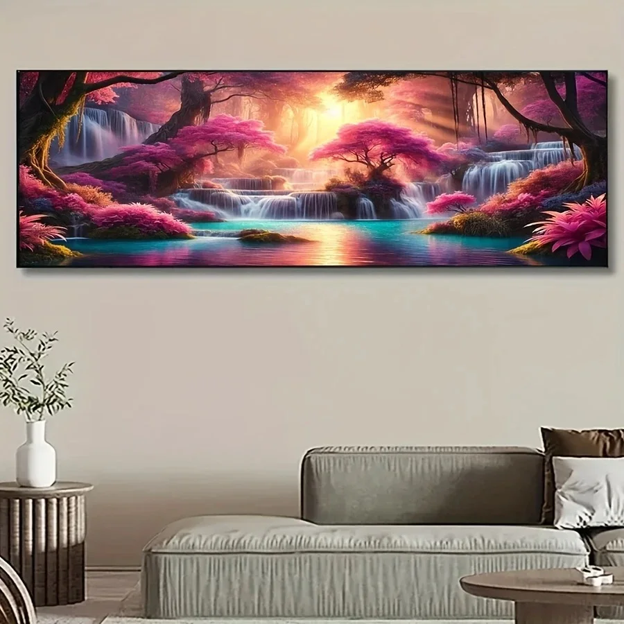 Große Größe Rosa Baum Wald Landschaft 5D Diy Diamant Malerei Voll Platz Runde Mosaik Wasserfall Strass Diamant Stickerei
