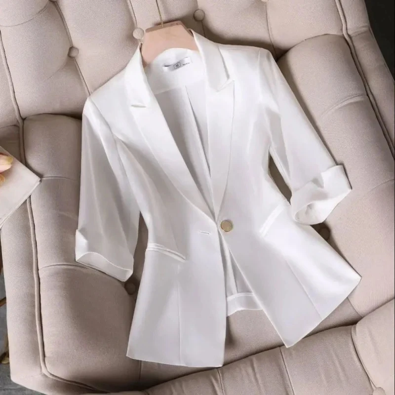 2024 New Spring Summer Women\'s Blazer Korean One Button Short Casual Three-Quarter Sleeve Office Suit Jacket Women Blazers Tops