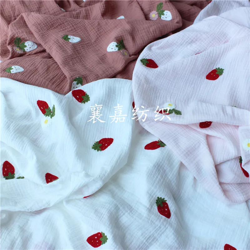 100X135cm Soft Double Crepe Cotton Strawberry Embroidered Gauze Spring Summer Nightdress Home Clothes Baby Quilt Fabric