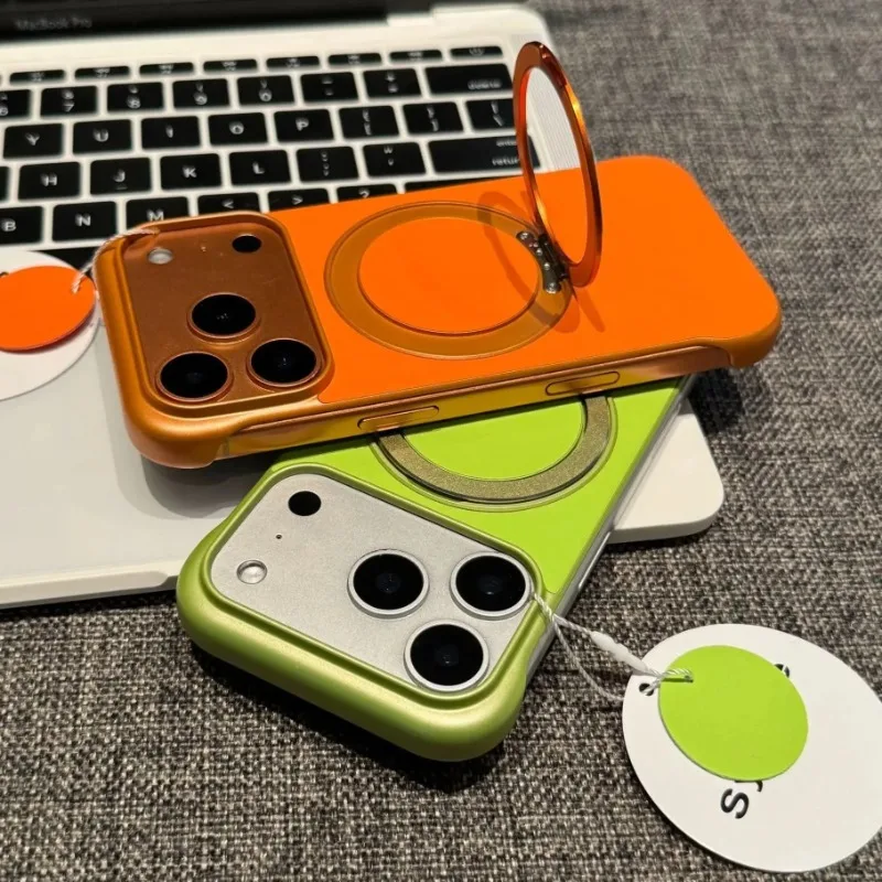 Frameless Leather Hard Case for iPhone 17 Air 16 15 14 Plus 13 12 11 Pro Max 360° Rotating Metal Ring Stand Holder Magsafe Cover