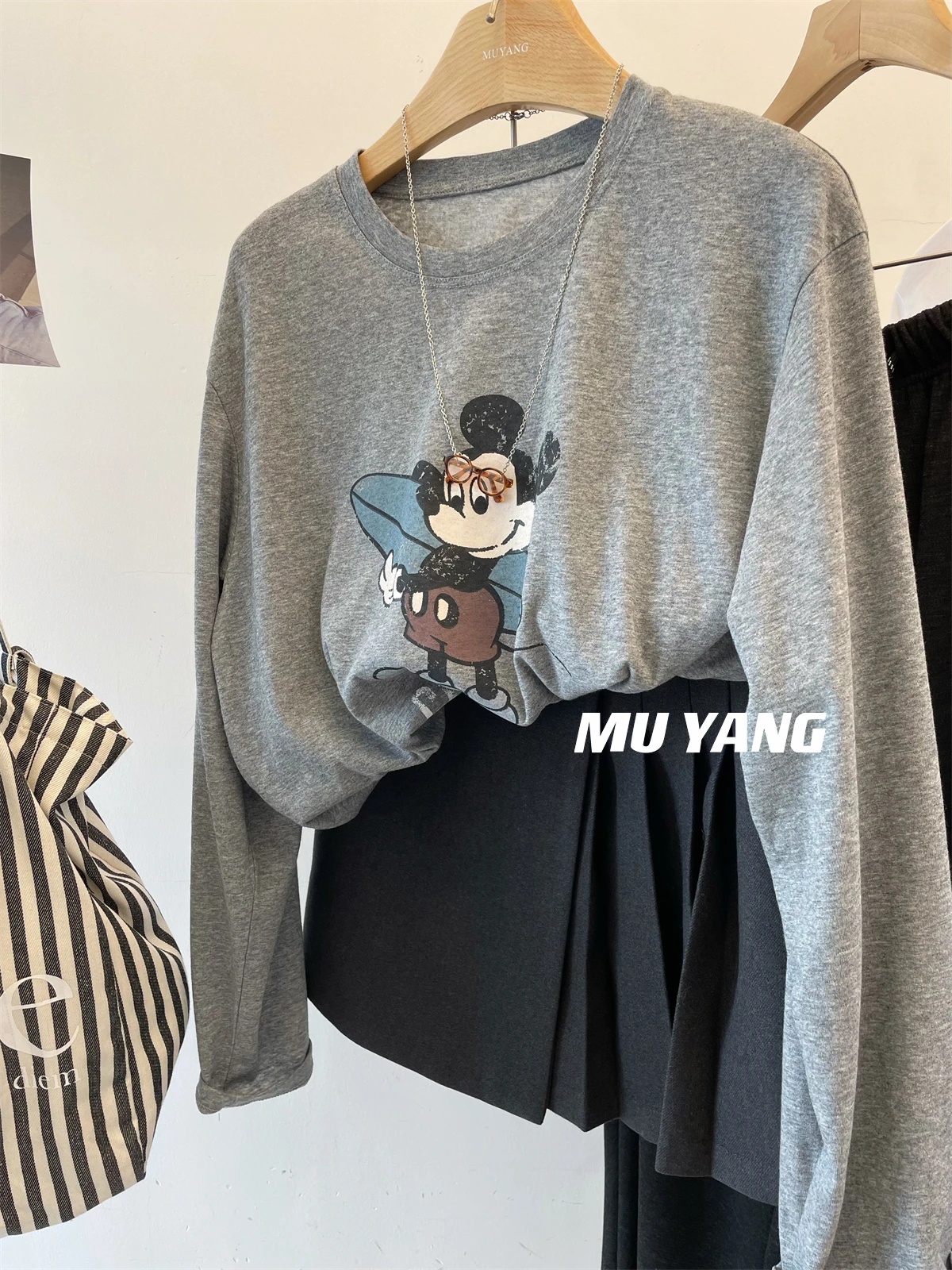 

plus Size 300 Pou Skateboard Miey Print Long Sve Loose Women's T-irt Autumn Slimming Top Comfortable Korean Sle C...