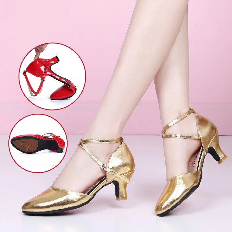 Women Latin Dance Shoes Sliver Golden Leather Outdoor Rubber Sole Ladies Salsa Ballroom Dancing Shoes Sandal heels 5.5cm