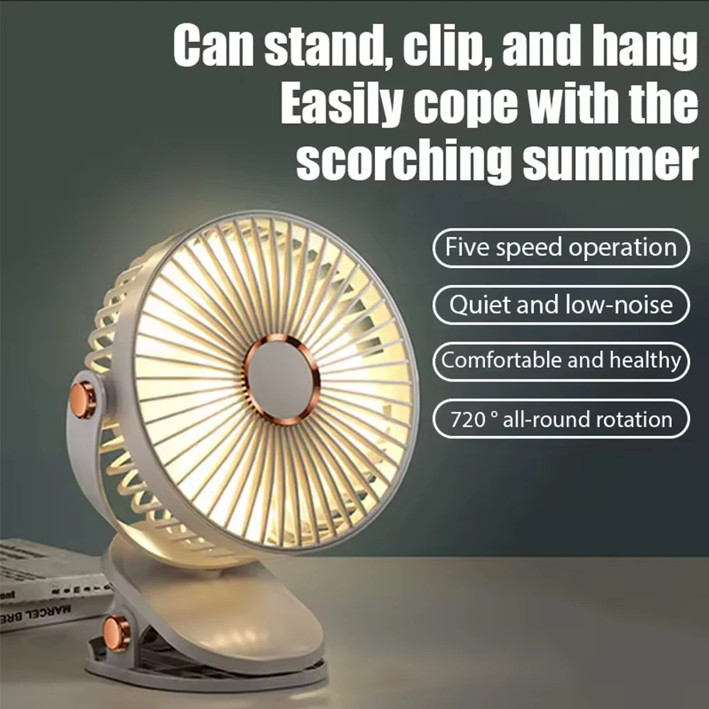 3-in-1-8000-mAh-Clip-on-Ventilator, 5 Geschwindigkeiten, leise, wiederaufladbar, tragbarer Desktop-Luftzirkulator, kabelloser Ventilator mit LED-Licht für Camping
