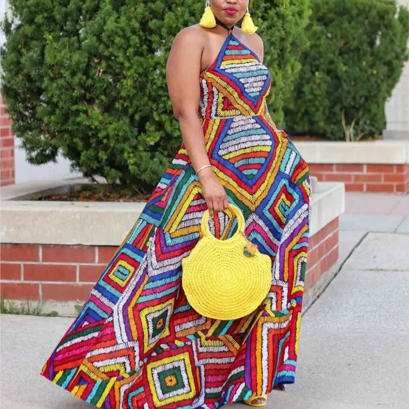 African Dresses For Women 2024 New Arrival Summer Dashiki Sexy Printed Backless Sleeveless Dress Nigeria Turkey Africa Clothes