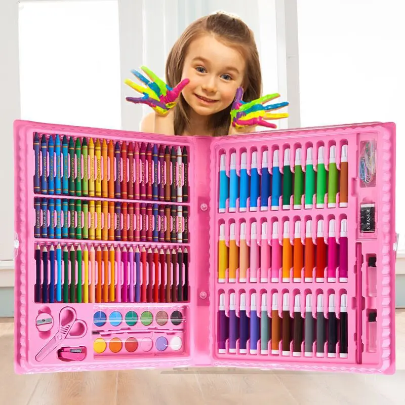 208 Pcs/Box Kids Painting Drawing Art Set With Crayons Oil Pastels Watercolor Markers Colored Pencil Tools For Boys Girls Gift