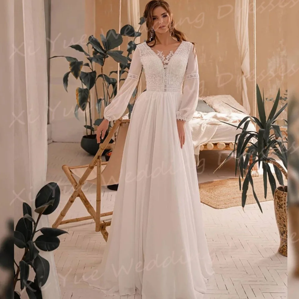 

Generous Simple A Line Women's Wedding Dresses Graceful Appliques Lace Bride Gowns Classic V Neck Long Sleeve Vestido De Noivas